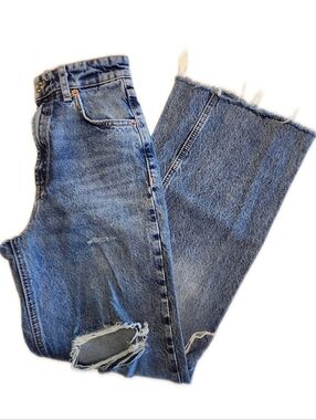Zara High Rise All Cotton Distressed Wide Leg Jeans, 2